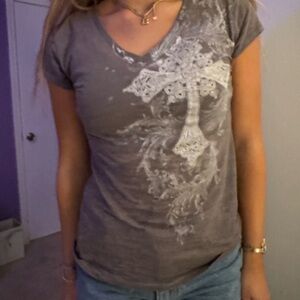 Y2K Vintage Cross T-Shirt Ed Hardy Gray Graphic Slim Tee Grunge Aesthetic